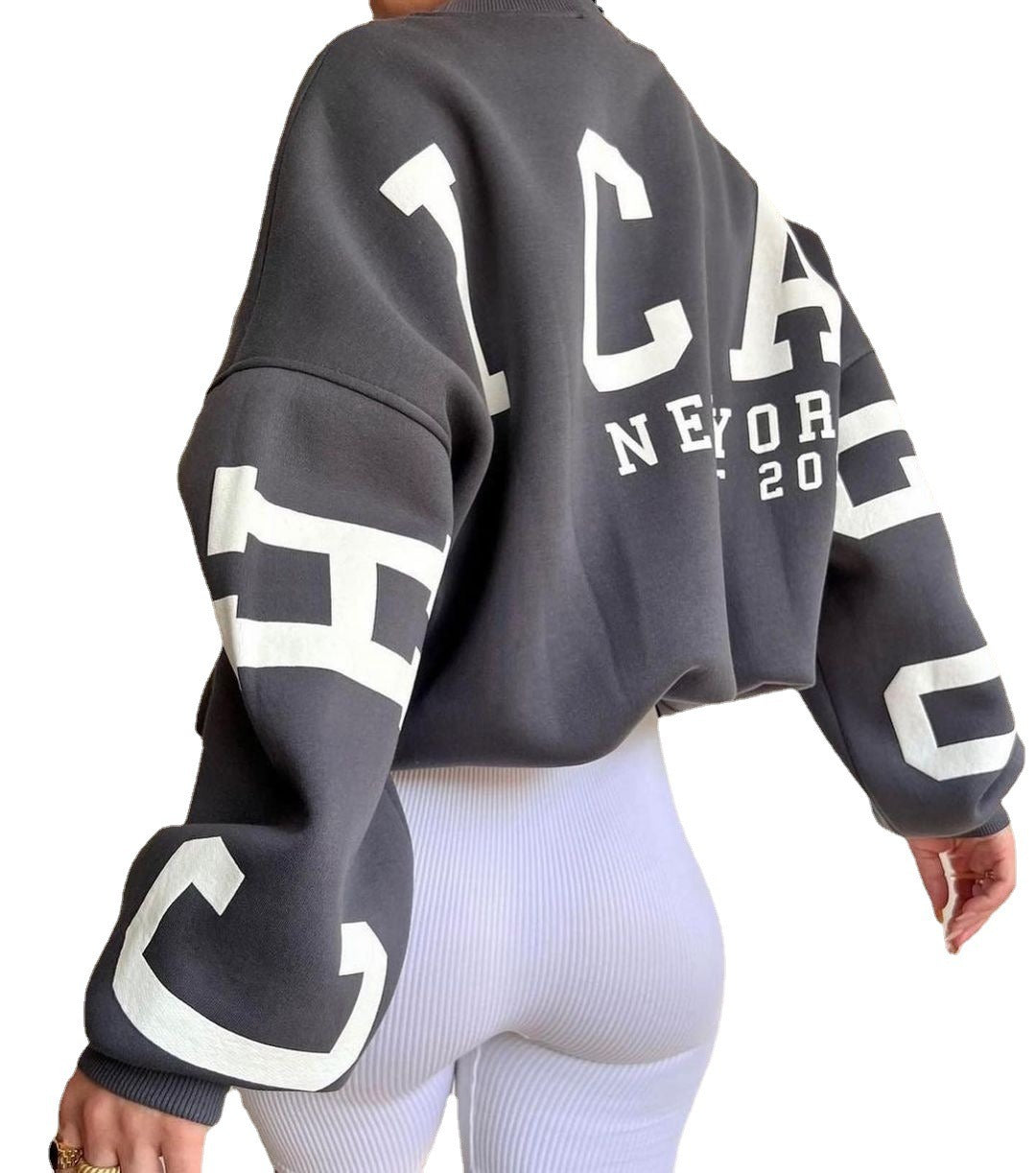 Casual Letters Print Sweatshirt Women Fashion Fleece Long Sleeve Loose Streetwear Lady Pullovers