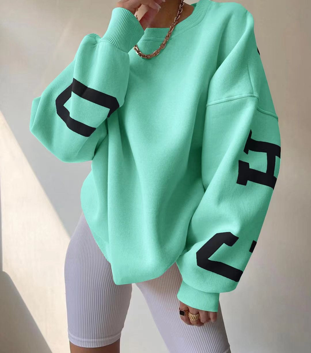 Casual Letters Print Sweatshirt Women Fashion Fleece Long Sleeve Loose Streetwear Lady Pullovers
