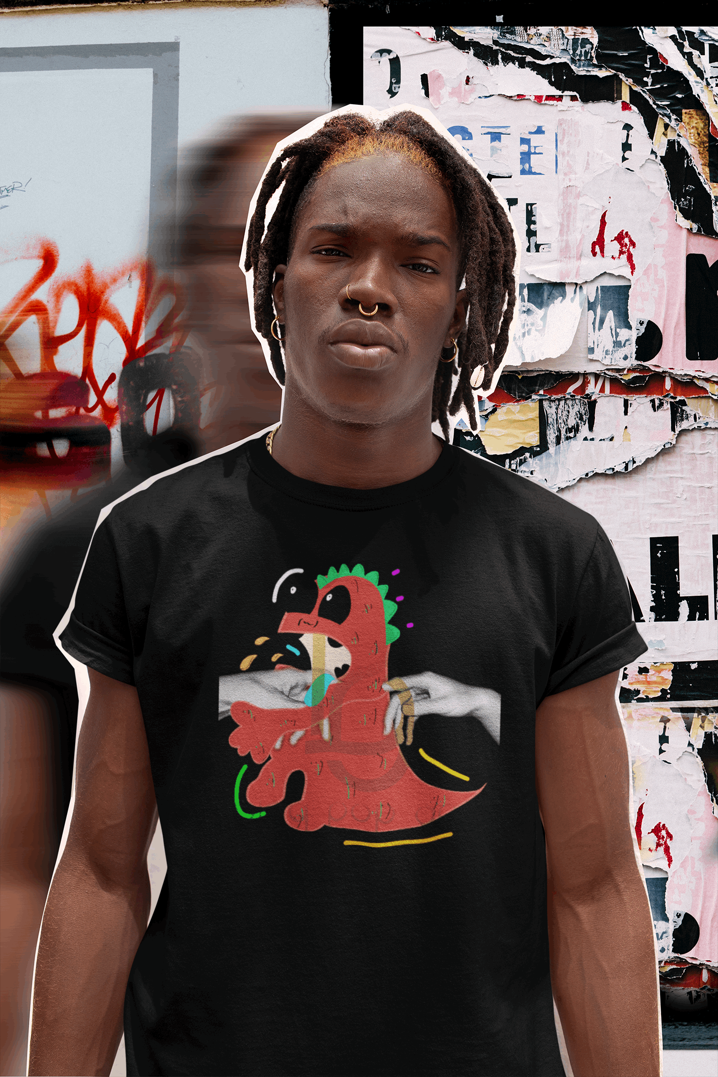 Red Dinosaur Black T Shirt