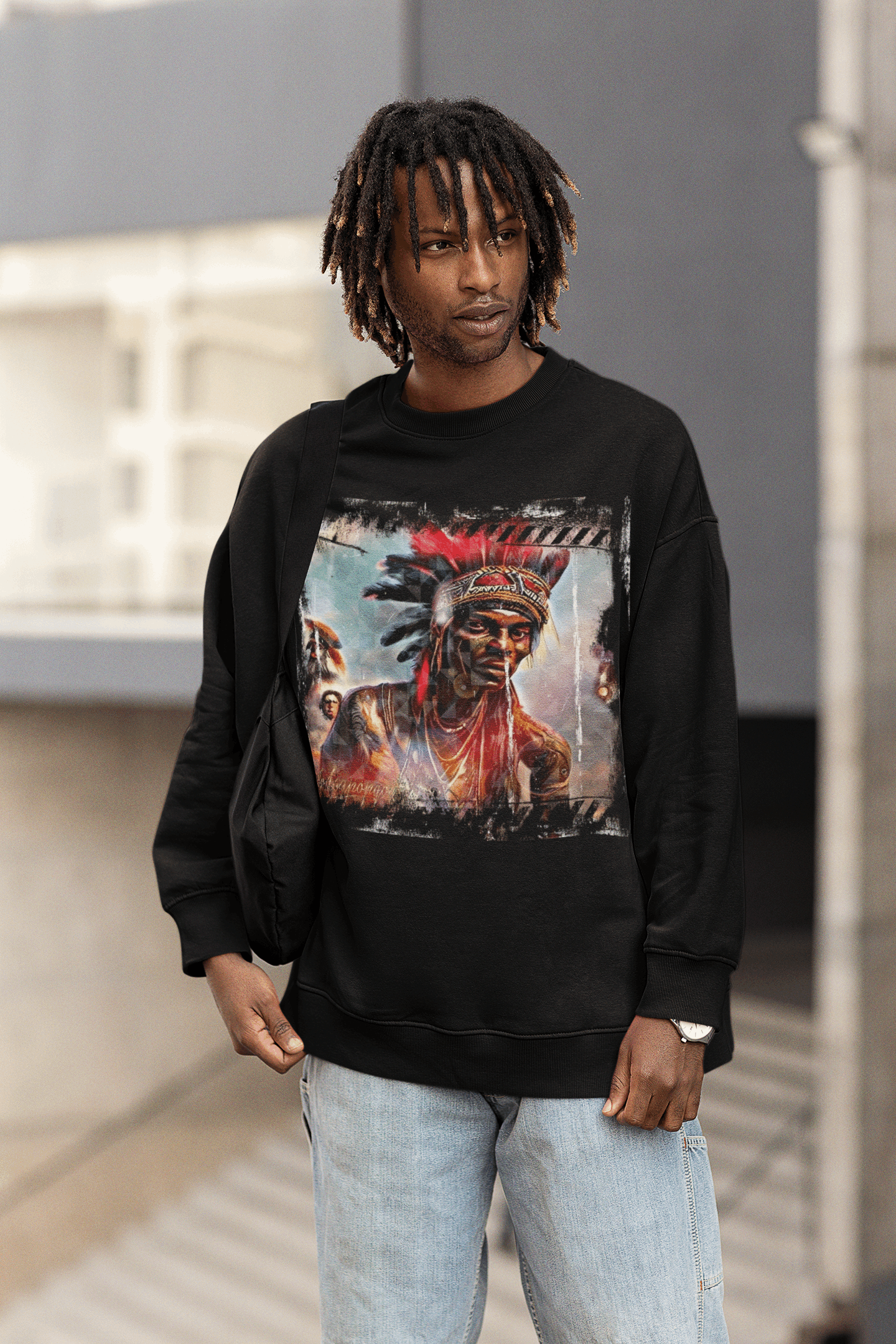 Art Designed Tribal Heavy Crewneck Sweatshirt (Black)