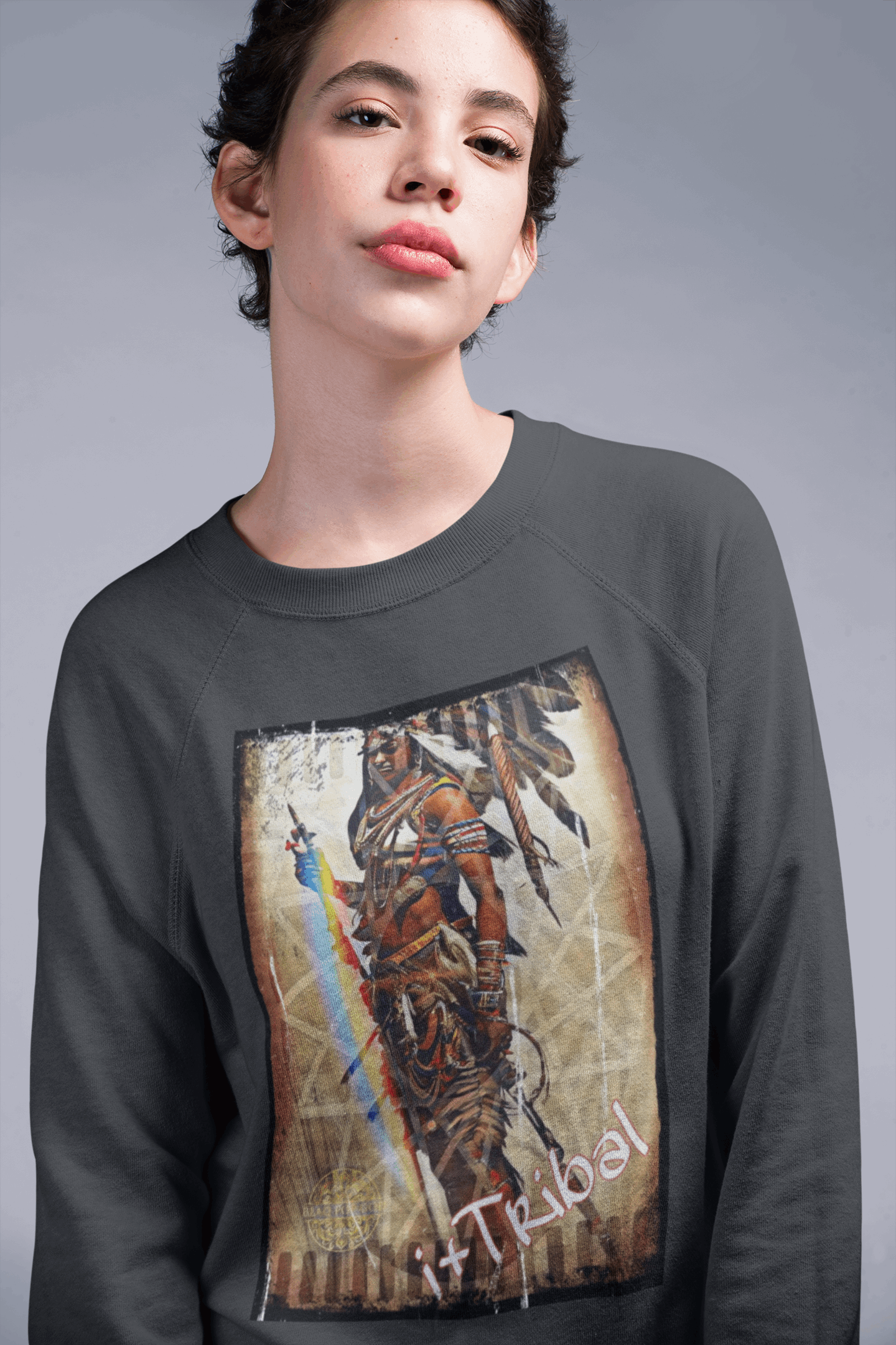 Art Designed Tribal Heavy Crewneck Sweatshirt (Gray)