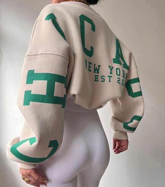 Casual Letters Print Sweatshirt Women Fashion Fleece Long Sleeve Loose Streetwear Lady Pullovers
