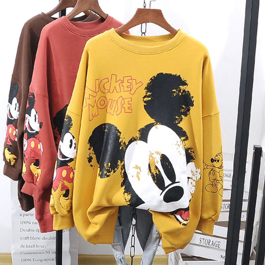 Pullover Top Round Neck Cartoon Mickey Print Long Sleeve Loose Sweater For Women
