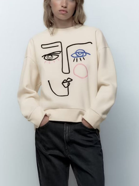 Embroidered Sweatshirt Hoodies Fashion Loose O-neck Fleece Pullovers Female Hoodies Tops